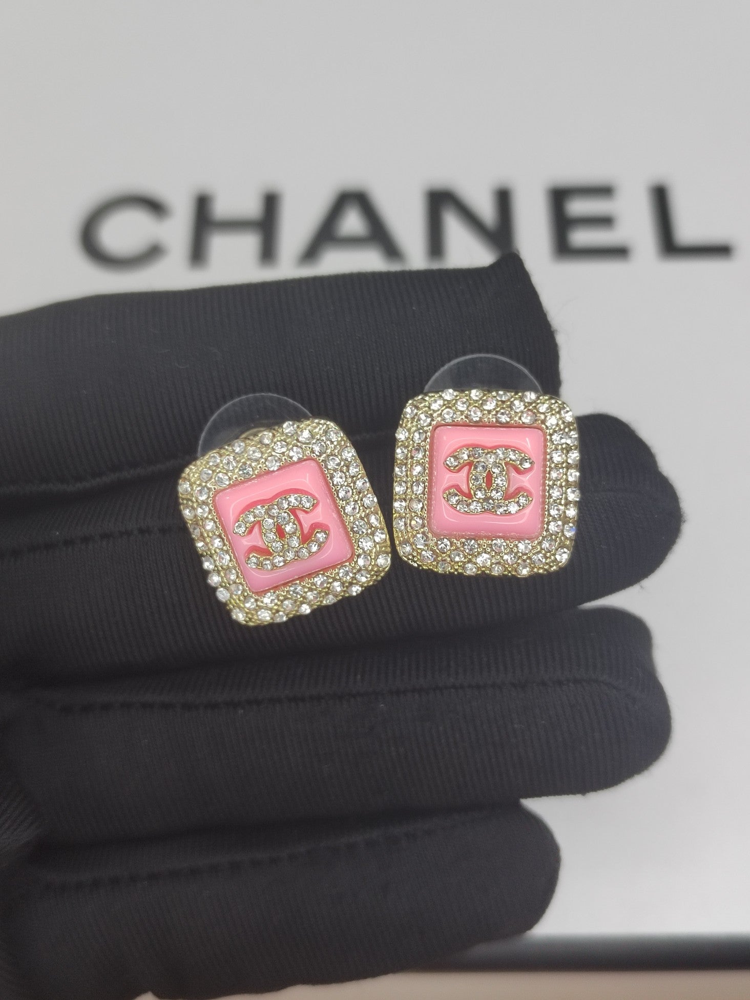 Chanel Diamond Square Pink 18K Gold Earrings