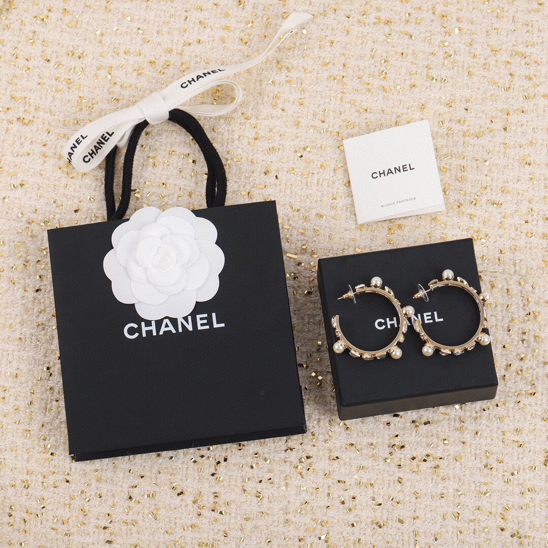 Chanel Pearl Crystal 18K Gold Earrings